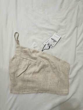 stradivarius Beige One-Shoulder Crop Top
